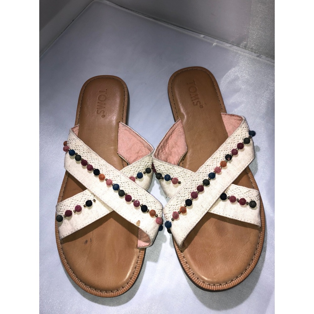 TOMS Viv Cream Pom Pom Trim Slide Sandals Womens 8 Woven Cross Strap Flats